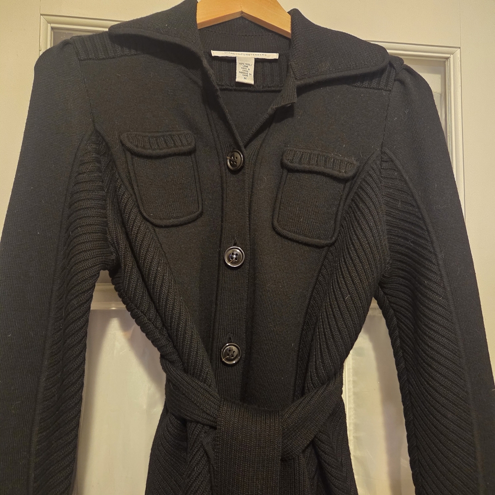 Diane Von Furstenberg Black Wool Cardigan W/Belt- M